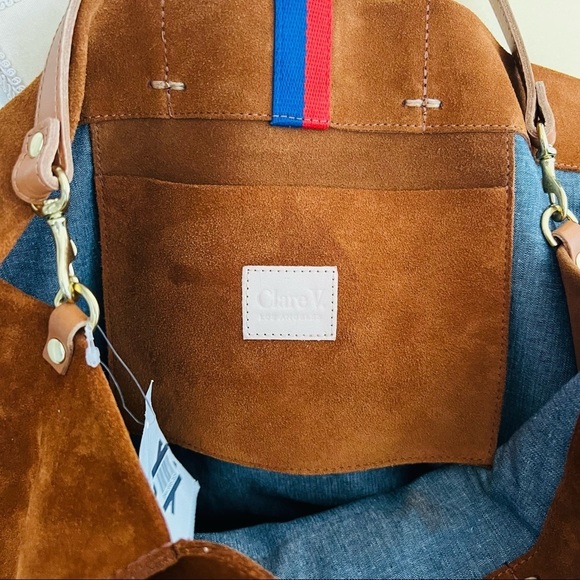 Clare V. Simple Tote Hobo Bag, Crossbody Strap, Chestnut Suede Stripe, NWT - Picture 5 of 16